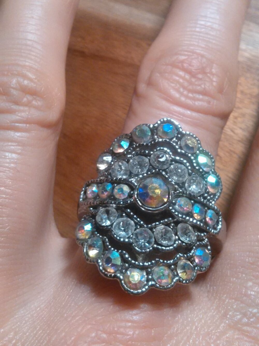 Aurora Borealis Color Crystal Stainless Steel Ring (Size 11.5)